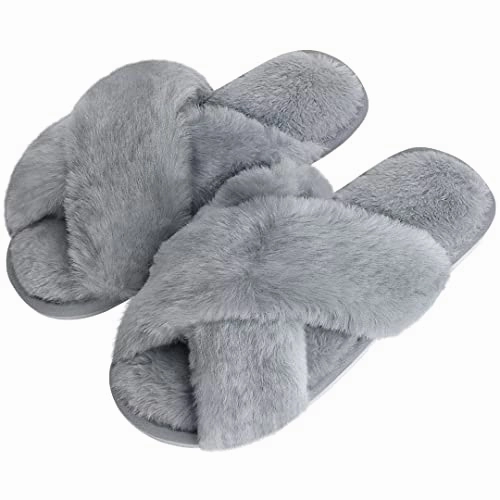 Medicinal Slippers DOIOWN Womens Fuzzy Slippers Cross Band Fluffy Slippers Faux Fur Slippers Plush House Open Toe Cozy Slippers for Women (Grey, Size 11-12)