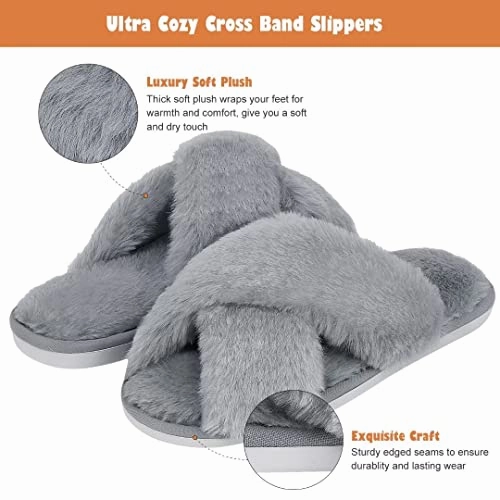 Wizard Of Oz Silver Slippers DOIOWN Womens Fuzzy Slippers Cross Band Fluffy Slippers Faux Fur Slippers Plush House Open Toe Cozy Slippers for Women (Grey, Size 11-12)