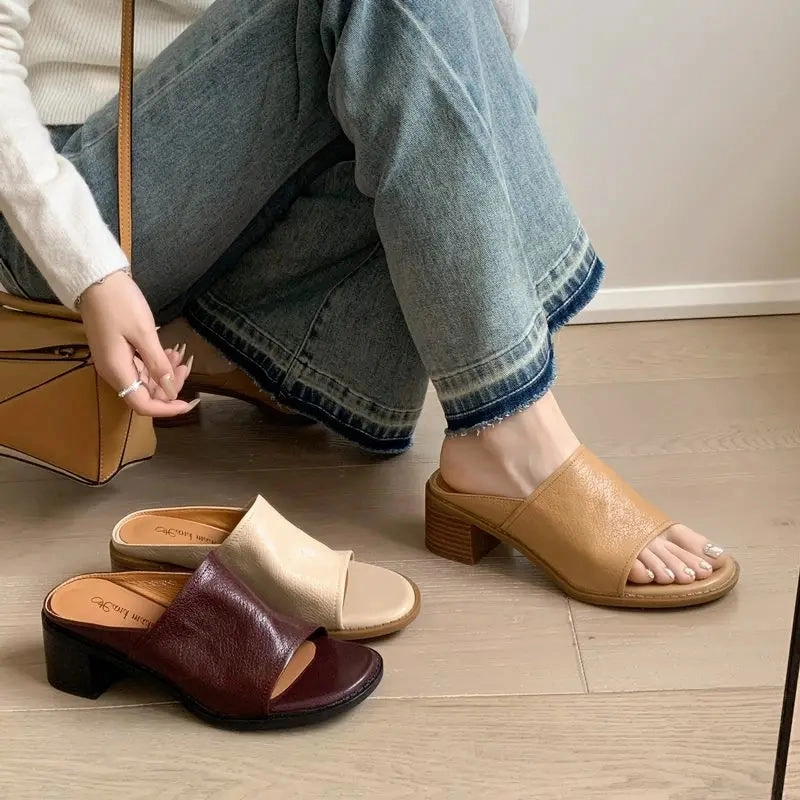 binfenxie  -  2024 New Genuine Leather Shoes Women Slippers Chunky High Heels Office Dress Shoes Ladies Daily Footwear Tasman Leopard Cozy Mule Slippers