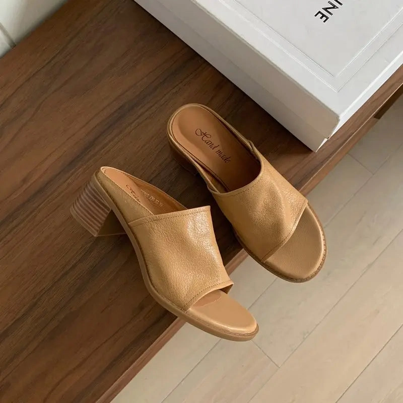 binfenxie  -  2024 New Genuine Leather Shoes Women Slippers Chunky High Heels Office Dress Shoes Ladies Daily Footwear Slip Platform With Strap