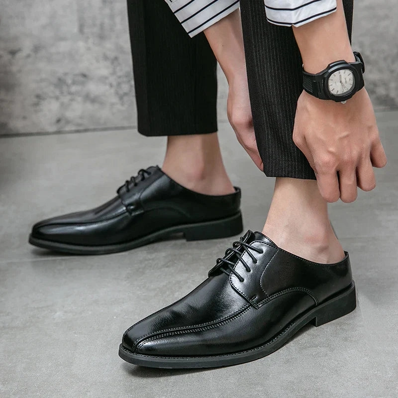 Flat Shoes Trend 2024 binfenxie  -   2024 Business Men Shoes Summer Casual Flat Shoes Soft Leather Shoes Slip-on Half Slippers Men Comfortable Driving Loafers Slides