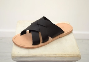Toe Loop Sandals Slides men Greek Leather sandals, slipers Men, Black Color, leather sole - insole