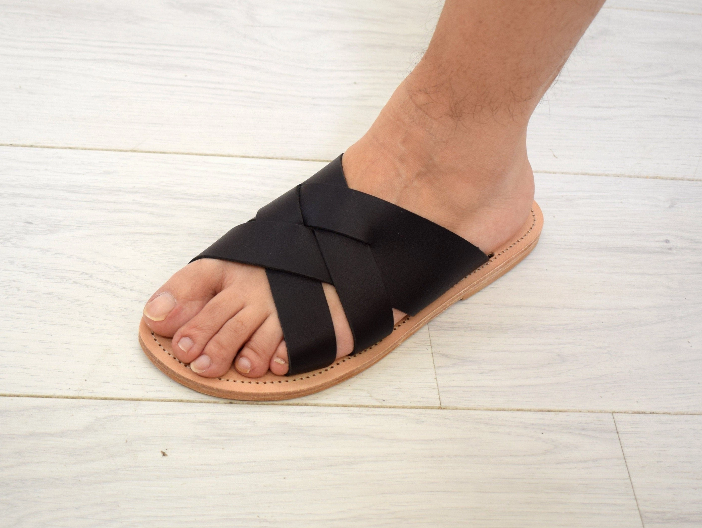 Sandals Barbados Slides men Greek Leather sandals, slipers Men, Black Color, leather sole - insole