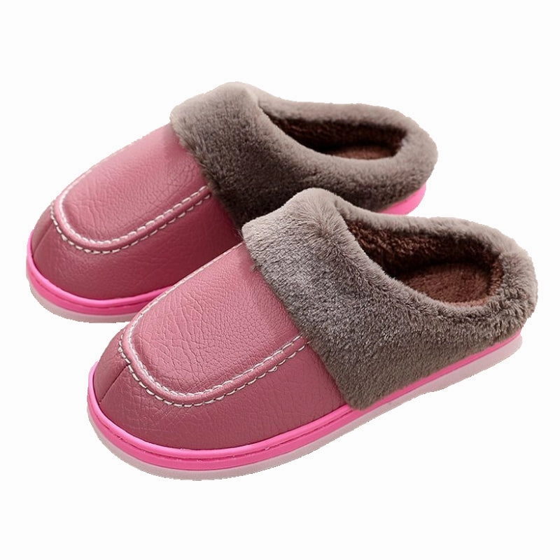 Cuzcare Men PU Winter Slippers Fur Indoor Shoes Slides Arch Support