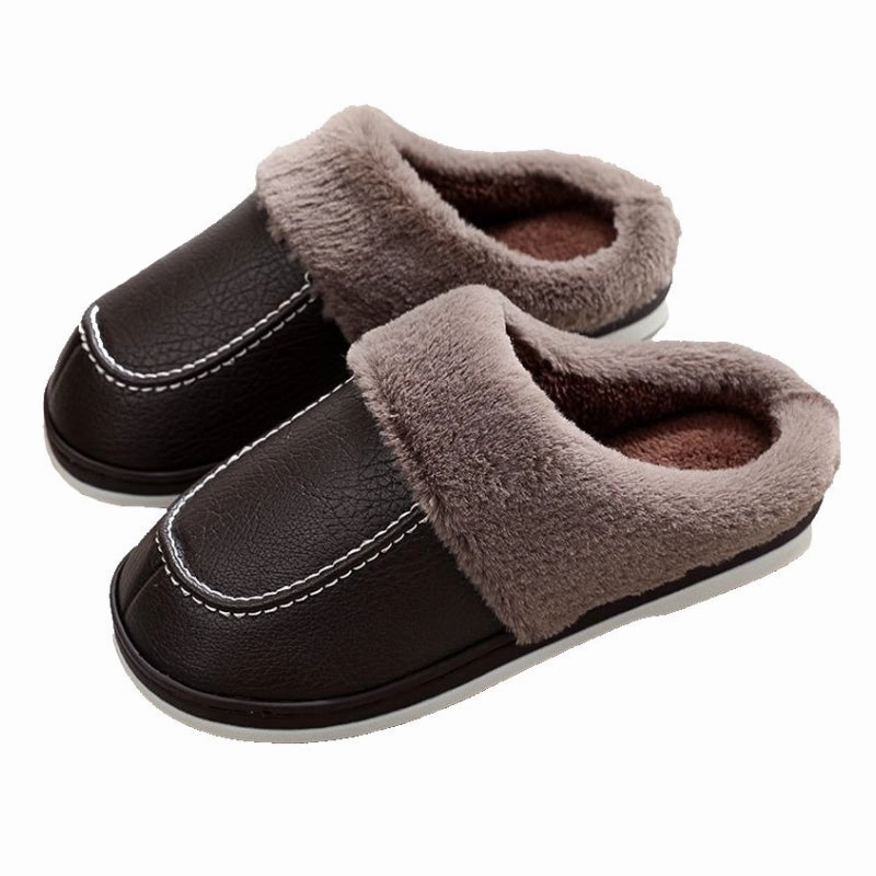 Cuzcare Men PU Winter Slippers Fur Indoor Shoes Hanukkah Slippers