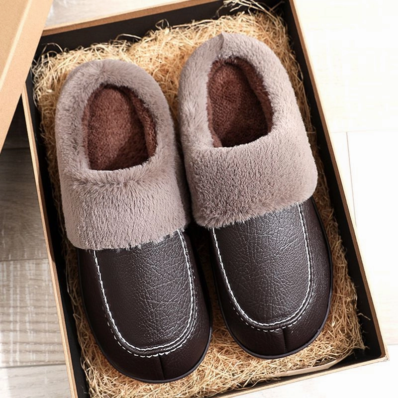 Cuzcare Men PU Winter Slippers Fur Indoor Shoes Best Camp Slippers