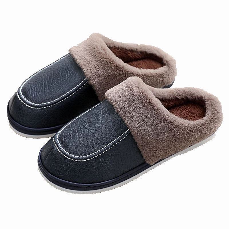 Cuzcare Men PU Winter Slippers Fur Indoor Shoes Comfortable  Slides For Walking