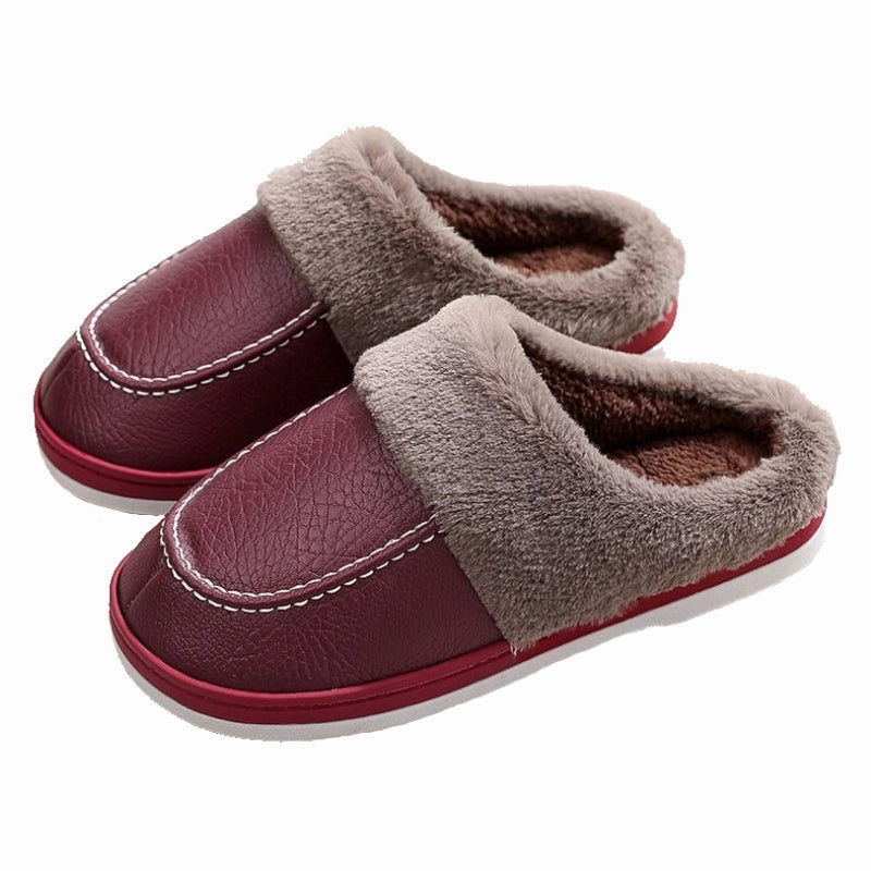 Cuzcare Men PU Winter Slippers Fur Indoor Shoes Slides Pure