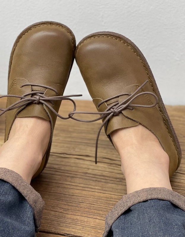 Heel To Flat Shoe Soft Leather Comfortable Lace Up Retro Flat Shoes