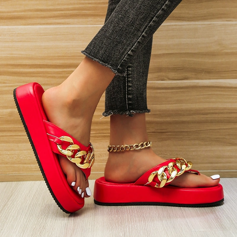 Flip Flops Light Blue New Women Slippers Fashion Sexy Chain Flip-flops Slip-on Comfort Beach Shoes Platform Flat Sandals Plus Size Zapatillas De Mujer