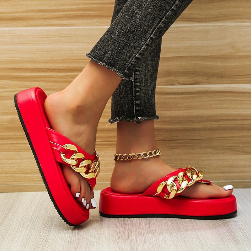New Women Slippers Fashion Sexy Chain Flip-flops Slip-on Comfort Beach Shoes Platform Flat Sandals Plus Size Zapatillas De Mujer Flip Flops Bulk Wedding