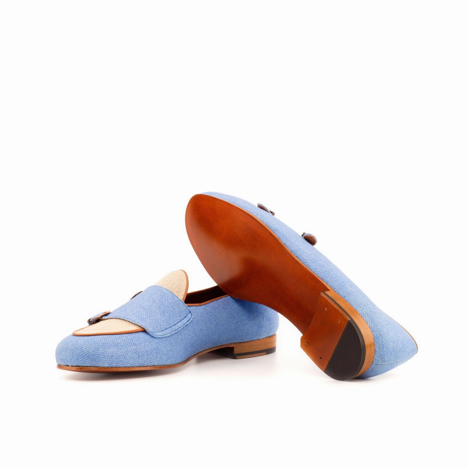 Men's Double Monk Leather Slippers Wide Plus Size Blue White 3892 Travel Slippers