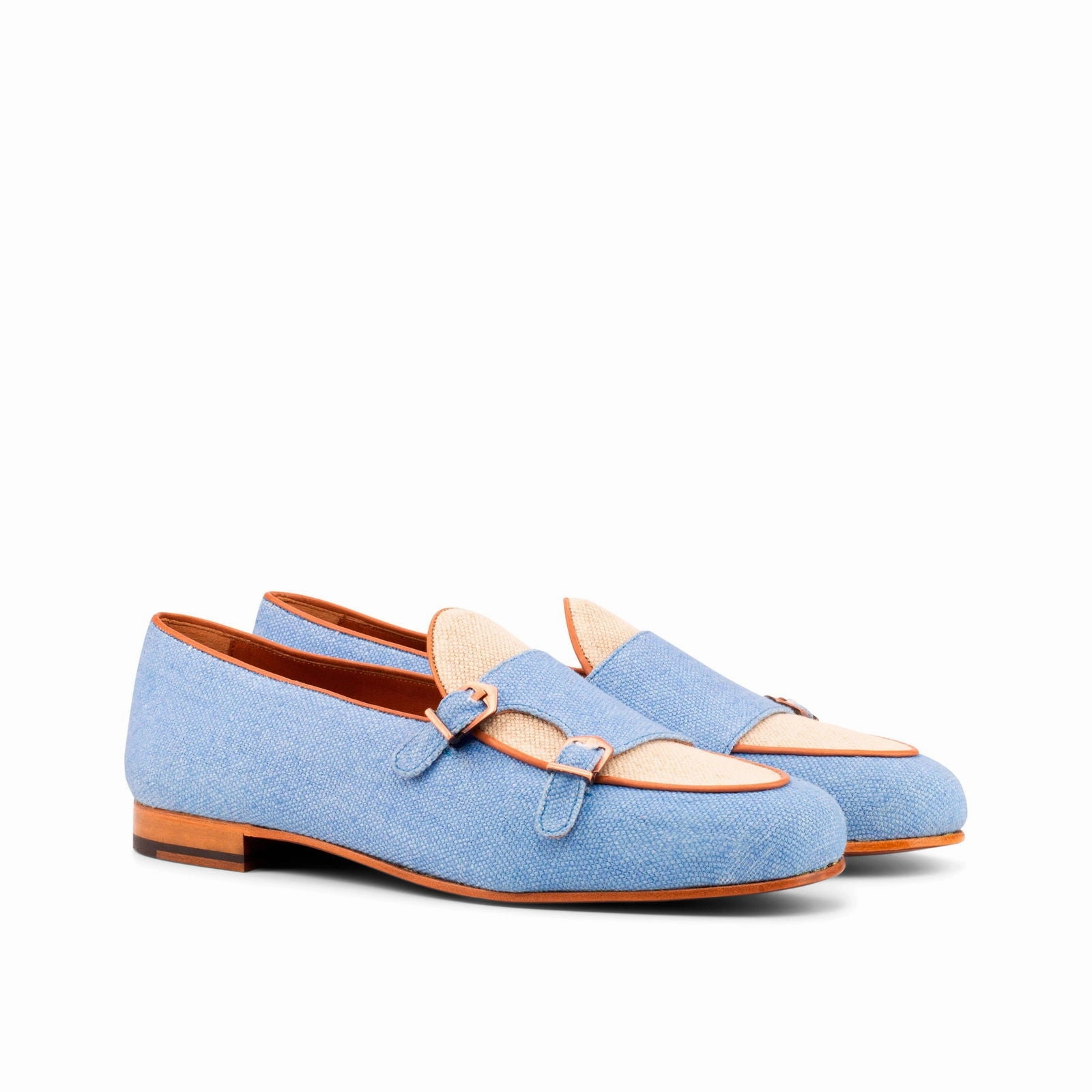 Slippers Detachable Sole Men's Double Monk Leather Slippers Wide Plus Size Blue White 3892