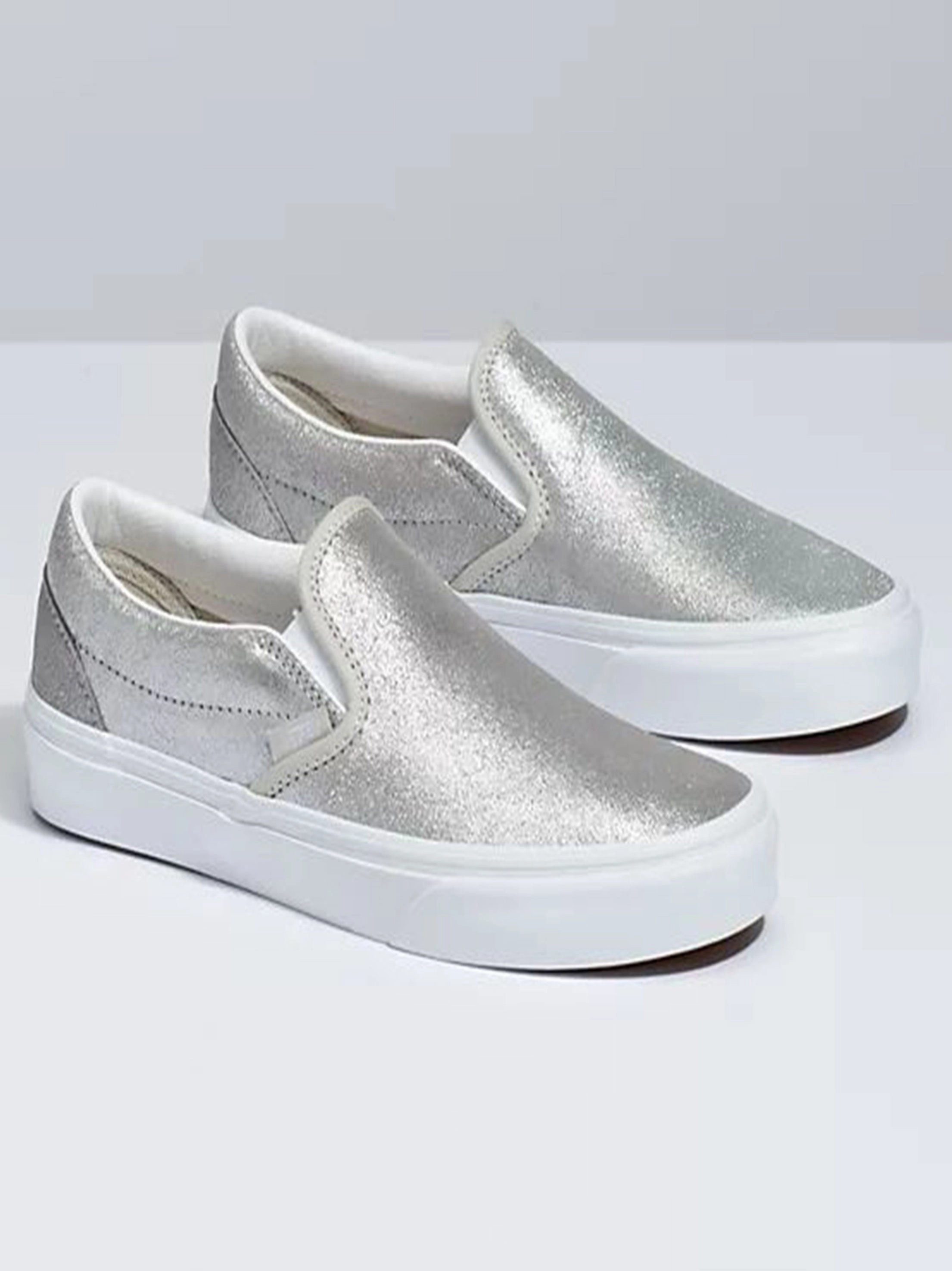 Women's Metallic Printed Slip-On Shoes,Silver Cushion Running Shoes For Flat Feet