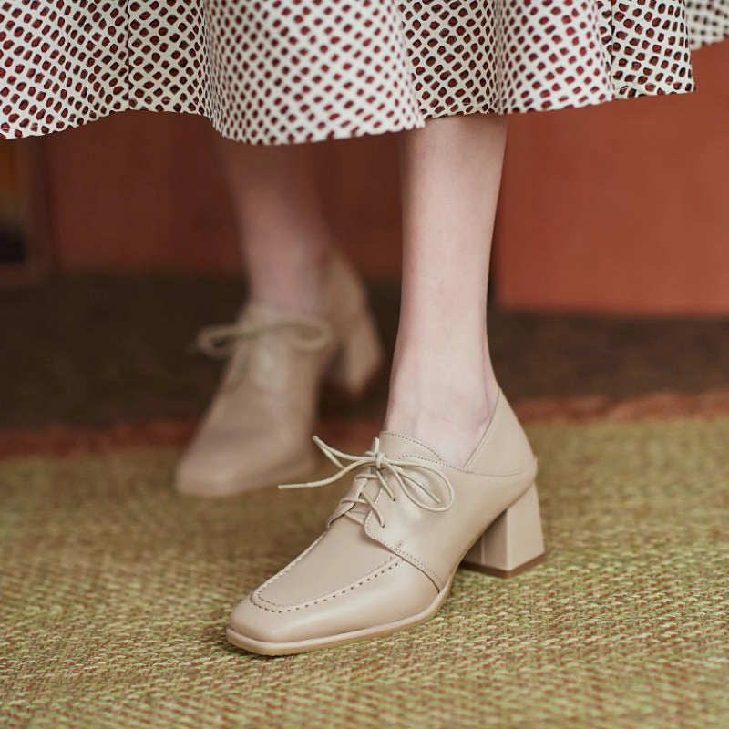 Square-toe Chunky Heel Lace-up Mid-heel Loafers Shoes for Women White Loafers