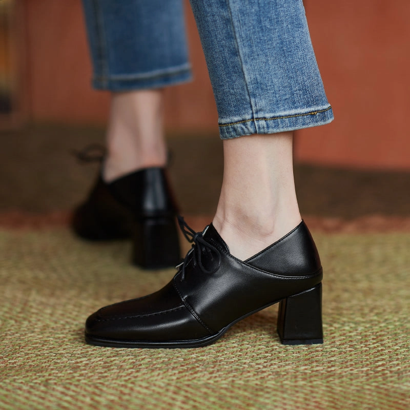 Square-toe Chunky Heel Lace-up Mid-heel Loafers Shoes for Women Outlet Loafers