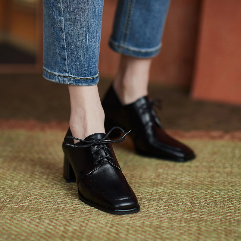 Suede Horsebit Loafers Square-toe Chunky Heel Lace-up Mid-heel Loafers Shoes for Women