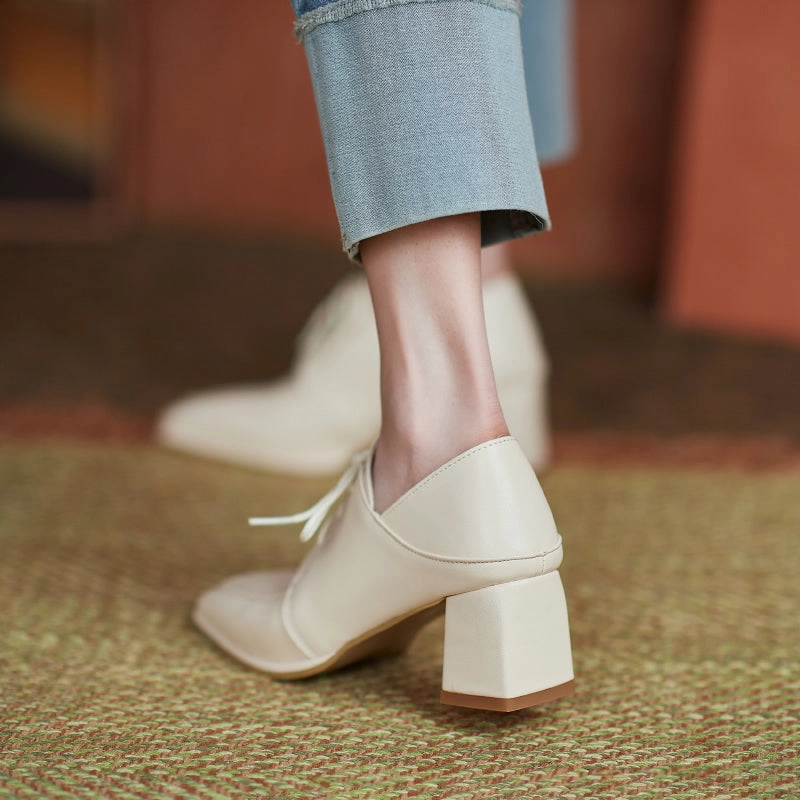 Office Loafers Square-toe Chunky Heel Lace-up Mid-heel Loafers Shoes for Women