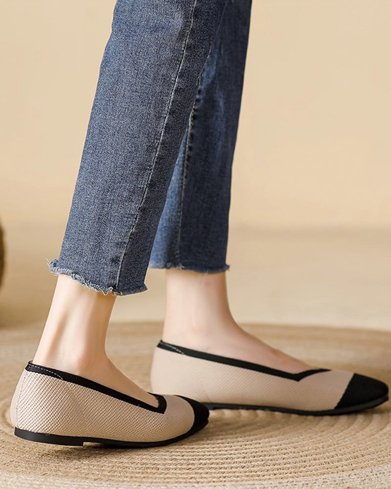 Square Toe Shallow Fly Knit Flat Knit Shoes Light Brown Penny Loafers