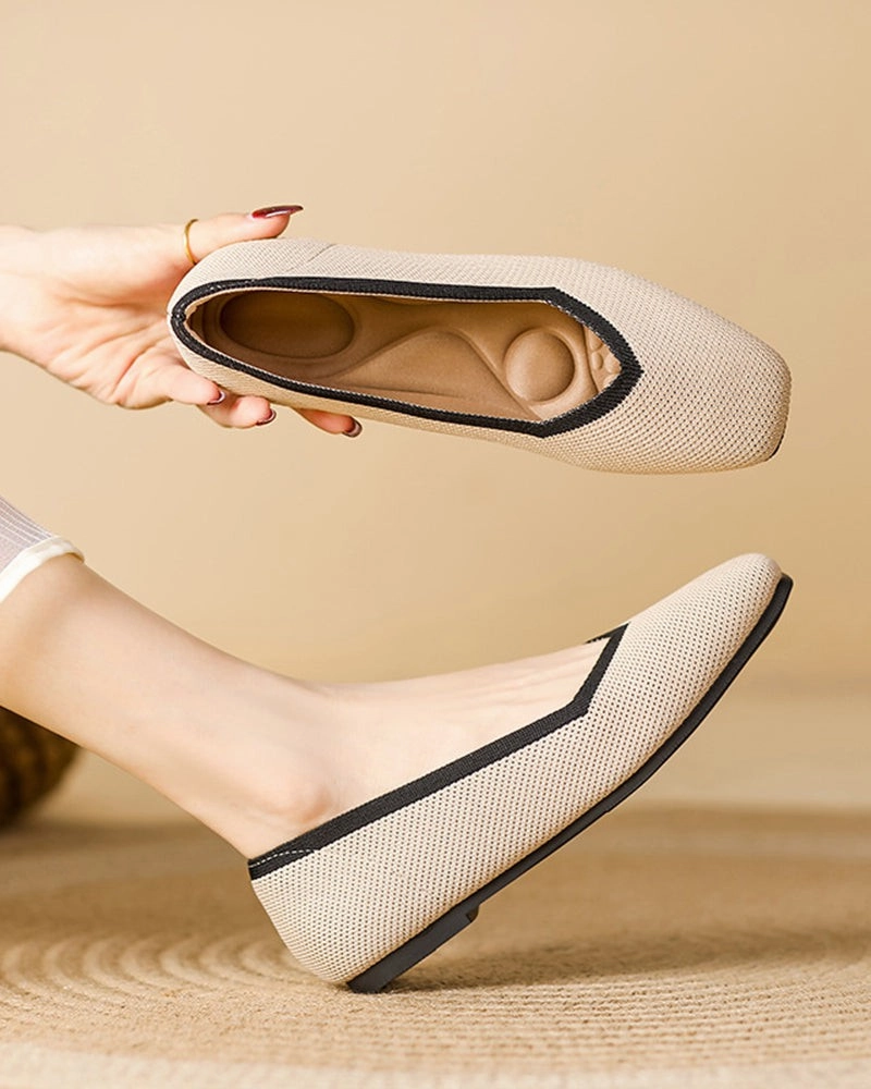 Pointy Loafers Square Toe Shallow Fly Knit Flat Knit Shoes