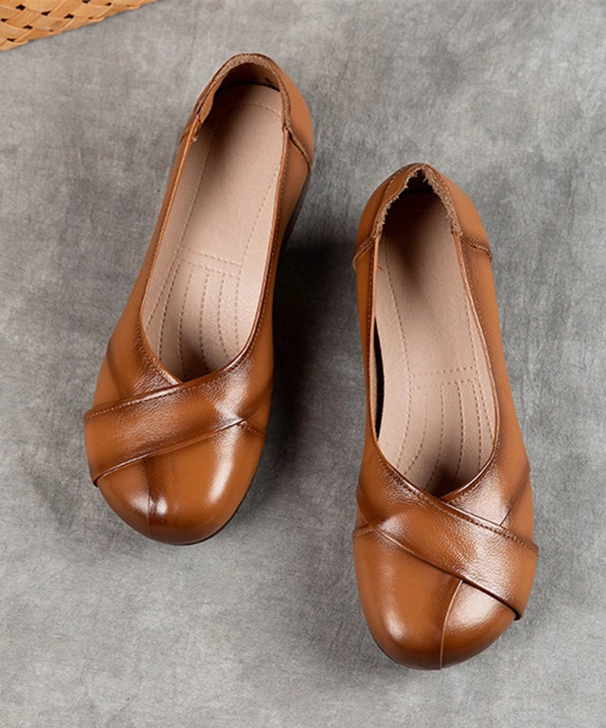 Women Brown Cowhide Leather Splicing Flat Shoes In Style Flat Shoes
