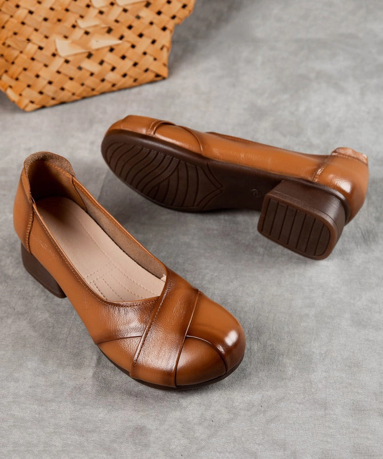 Women Brown Cowhide Leather Splicing Flat Shoes Closed Shoes