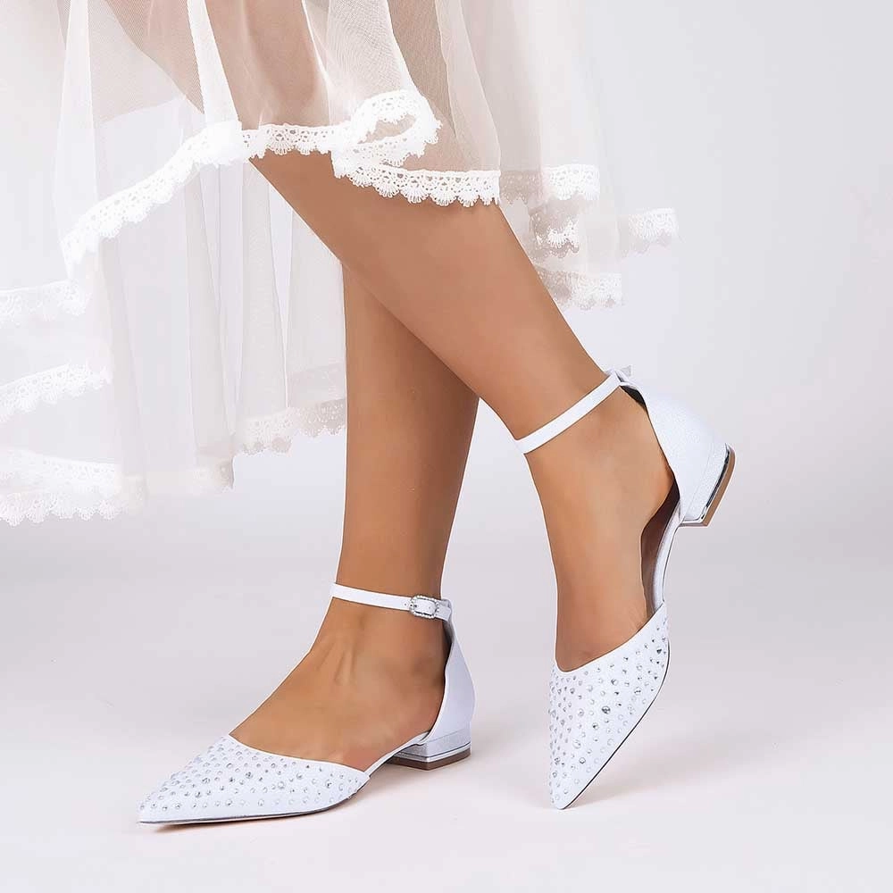 Women Satin Flat Shoes Rhinestones Ballet Flats Sparkle Wedding Shoes Homecoming Flat Shoes