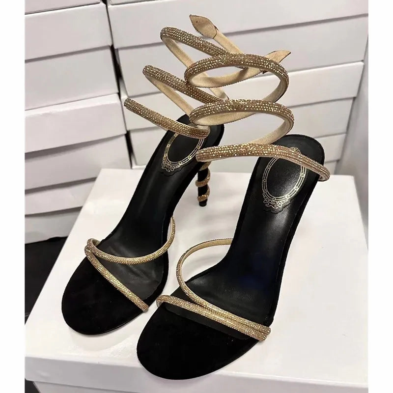 Star Style Luxury Crystal Snake Coiled Women Sandals Sexy Stiletto High Heels Gladiator Sandals Summer Fashion Party Prom Shoes Japanese Sandals Wood