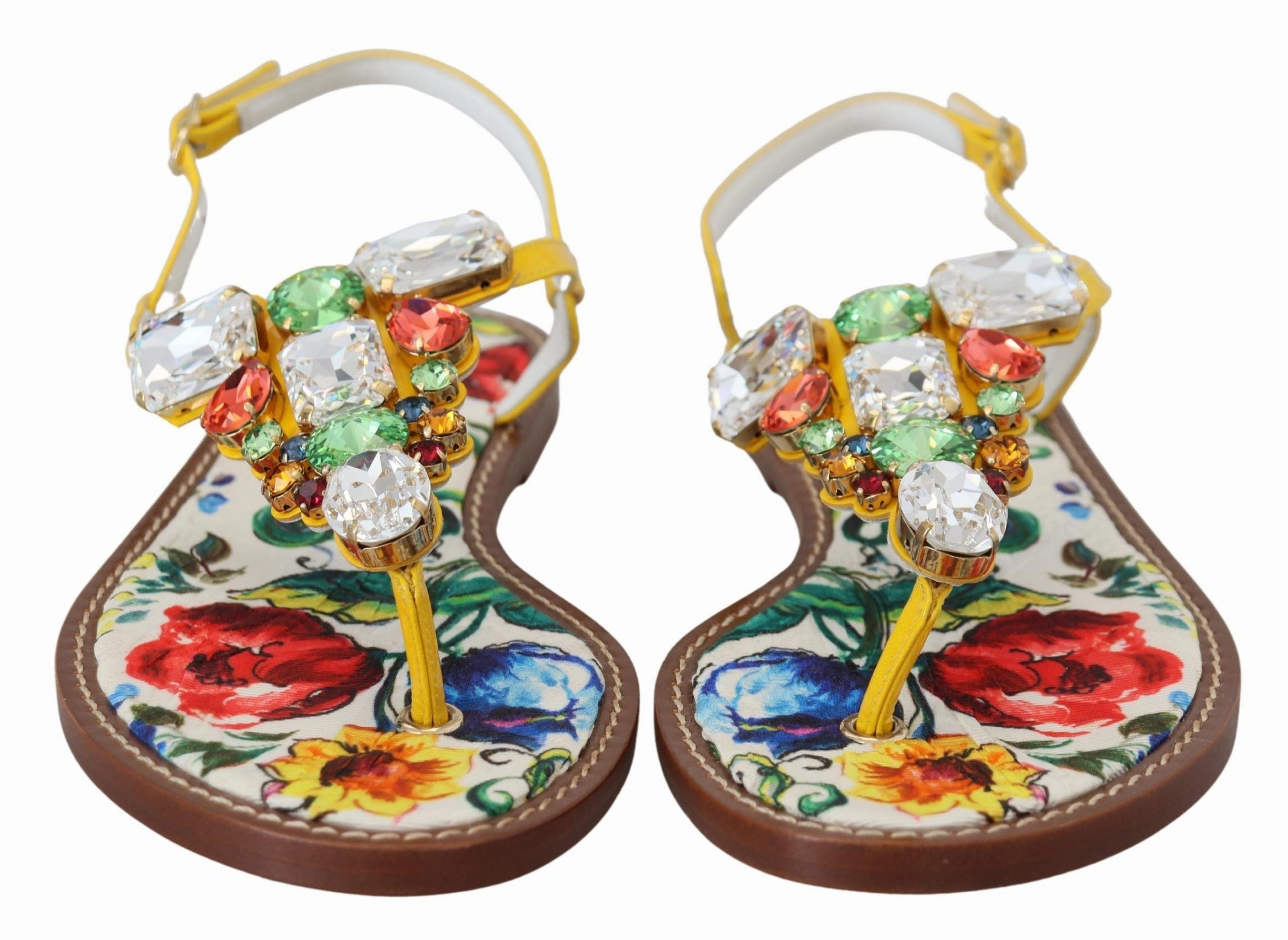 Dolce & Gabbana Multicolor Majolica Crystal Sandals Flip Flop Shoes Flat Embroidered Shoes