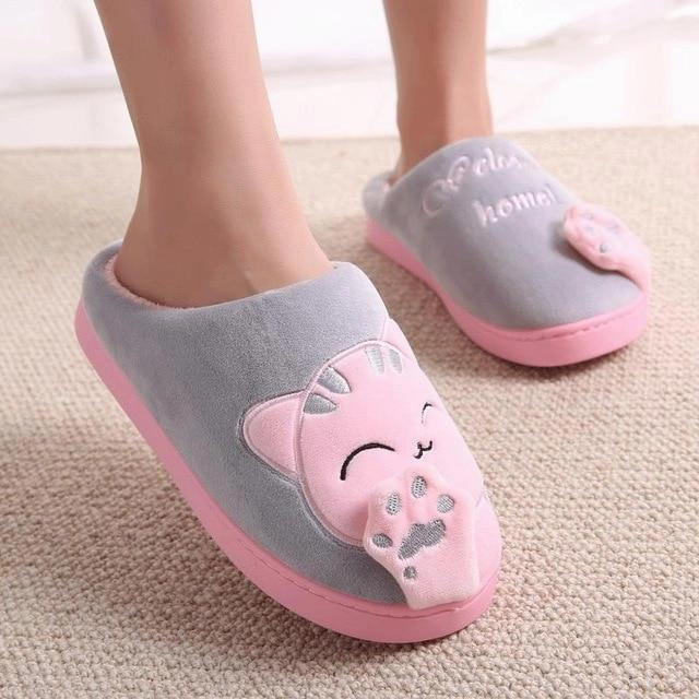 Leather Slide Winter warm plush slippers cute cat animal slippers house bedroom couple slippers