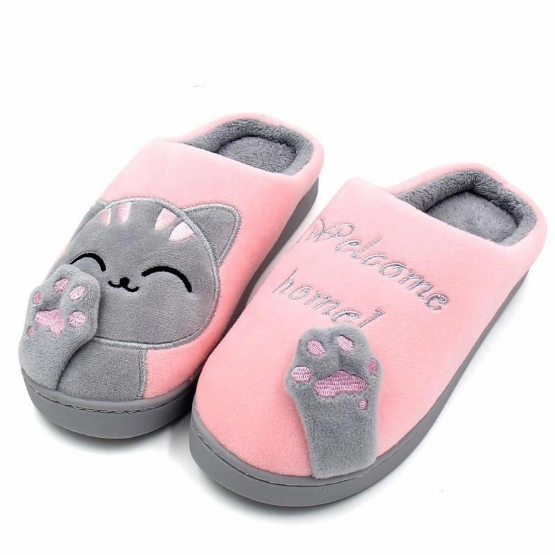 Winter warm plush slippers cute cat animal slippers house bedroom couple slippers Checkerboard Slides
