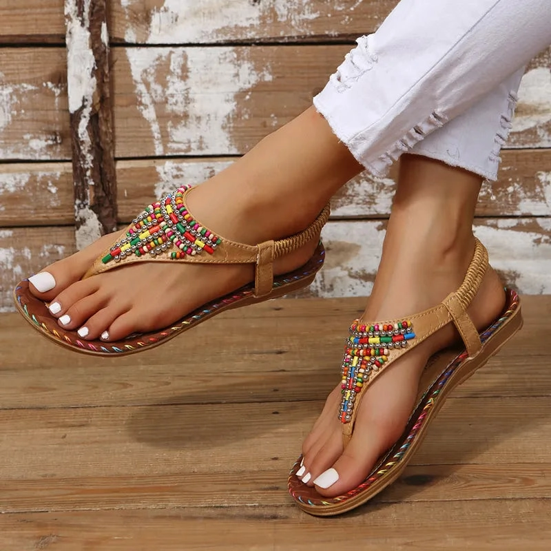 Bohemia Style Clip Toe Summer Flat Sandals for Women Pencil Skirt Flat Shoes