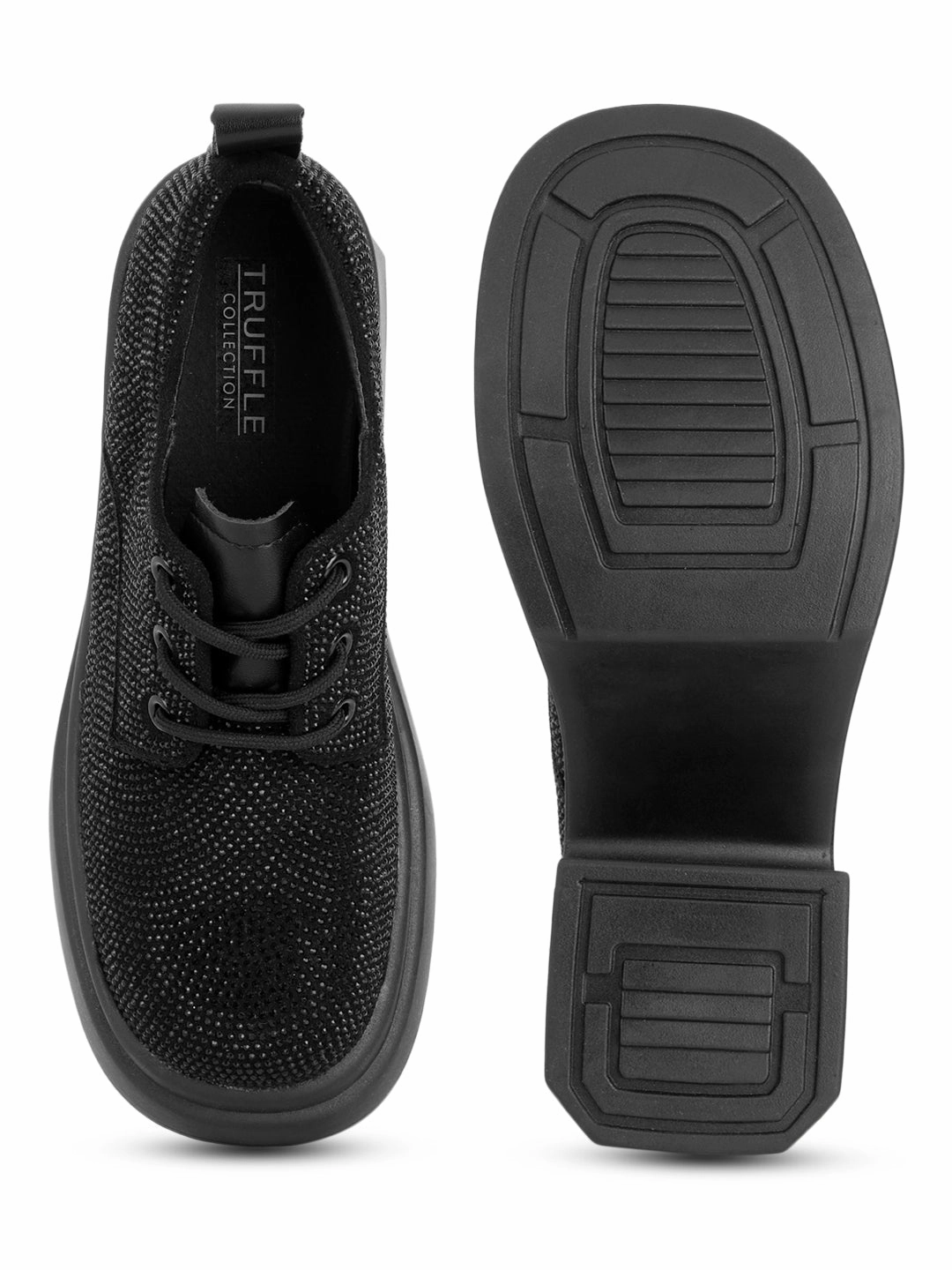 Black Diamante Embellished Lace-Up Sneakers (TC-RS3641-BLK) Casual Classy Shoes