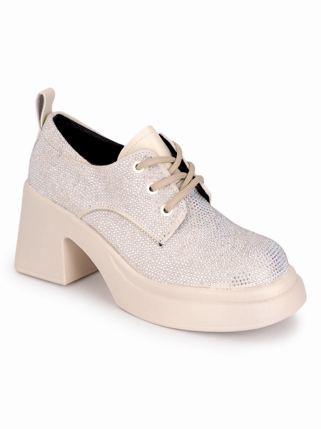Beige Diamante Embellished Lace-Up Sneakers (TC-RS3641-BEIG) Good Quality Casual Shoes