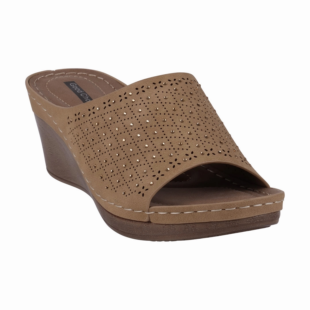 Atlanta Tan Studded Slip On Comfort Wedge Sandals Sandals Inn Daytona Beach