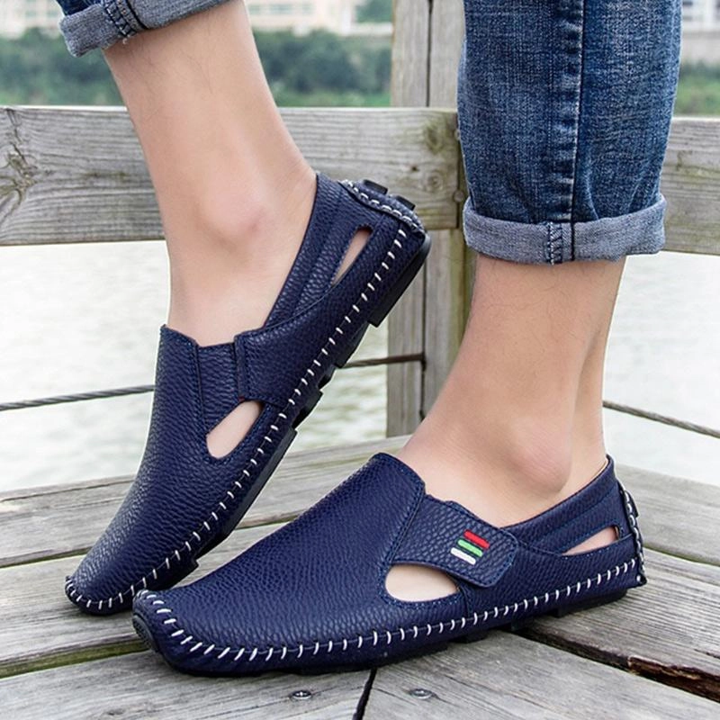 Men Casual Shoes Slip on Hollow Leather Men Shoes Sandals Platform Flat