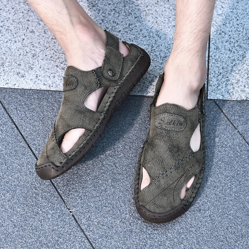 Sandals With The Strap New Handmade Summer Sandals Men Breathable Leather Shoes Man Outdoor Men Sandals Antiskid Beach Sandals Hollow Shoes Fashion