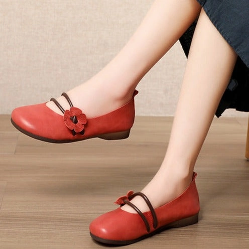 Business Casual Closed Toe Shoes Womens Handmade Flower Leather Flat Soft Sole Shoes