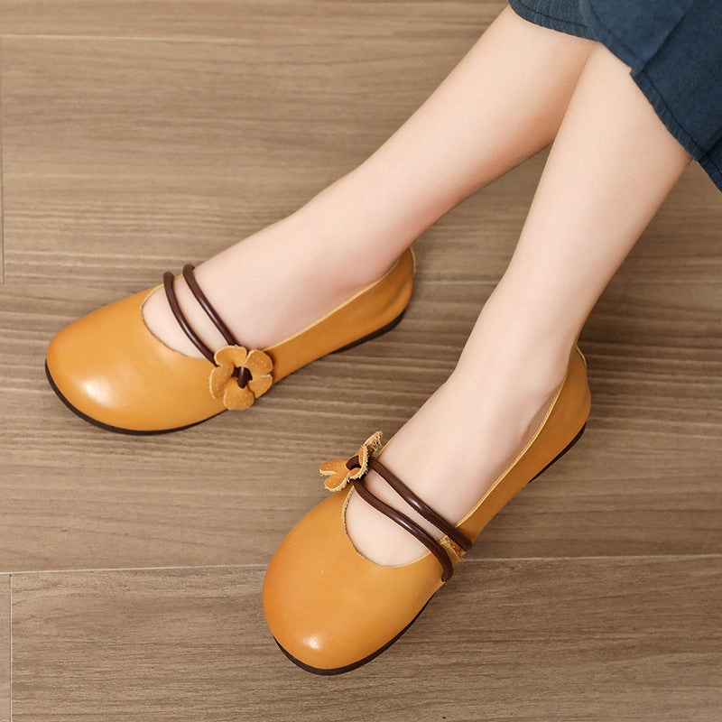 Womens Handmade Flower Leather Flat Soft Sole Shoes Waterproof Casual Dress Shoes