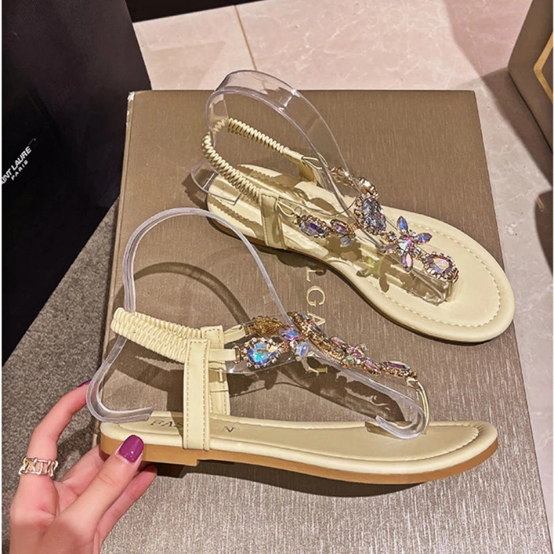 Amozae-Crystal Flip Flop Sandals for Women Rhinestone Open-toe Roman Sandals Female Brilliant Diamonds Flat Beach Casual Shoes Ladies Flip Flops With Big Bows