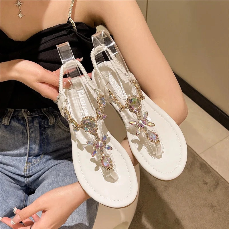Flip Flops Cushioned Amozae-Crystal Flip Flop Sandals for Women Rhinestone Open-toe Roman Sandals Female Brilliant Diamonds Flat Beach Casual Shoes Ladies