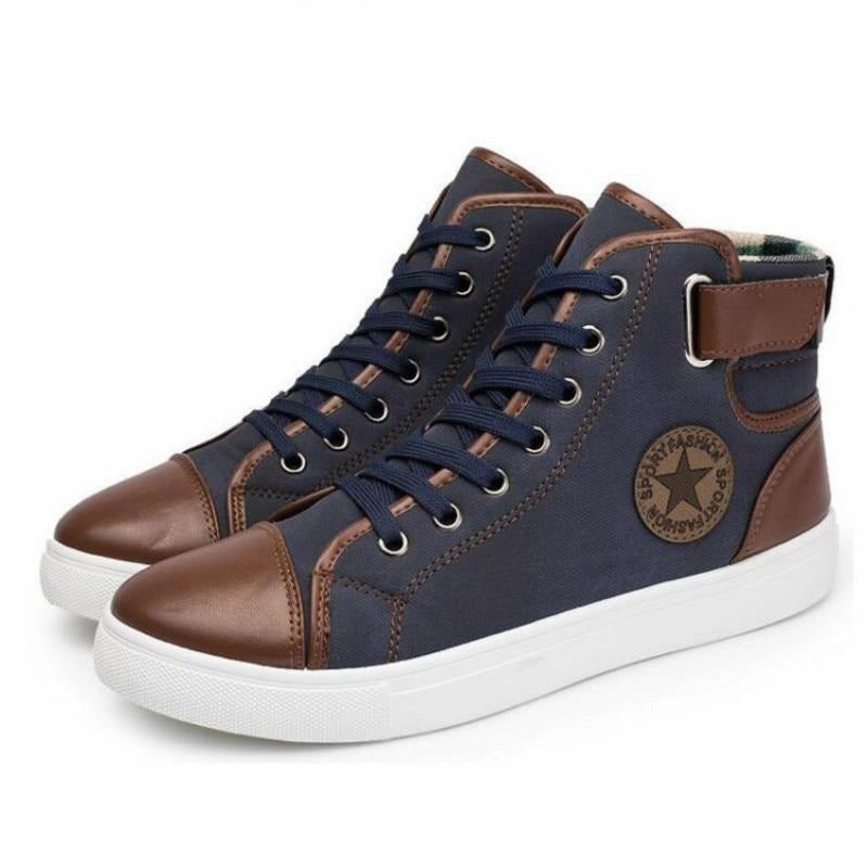 Front Lace-Up Leather Ankle Boots Men Casual High Top Shoes Sneakers Knit