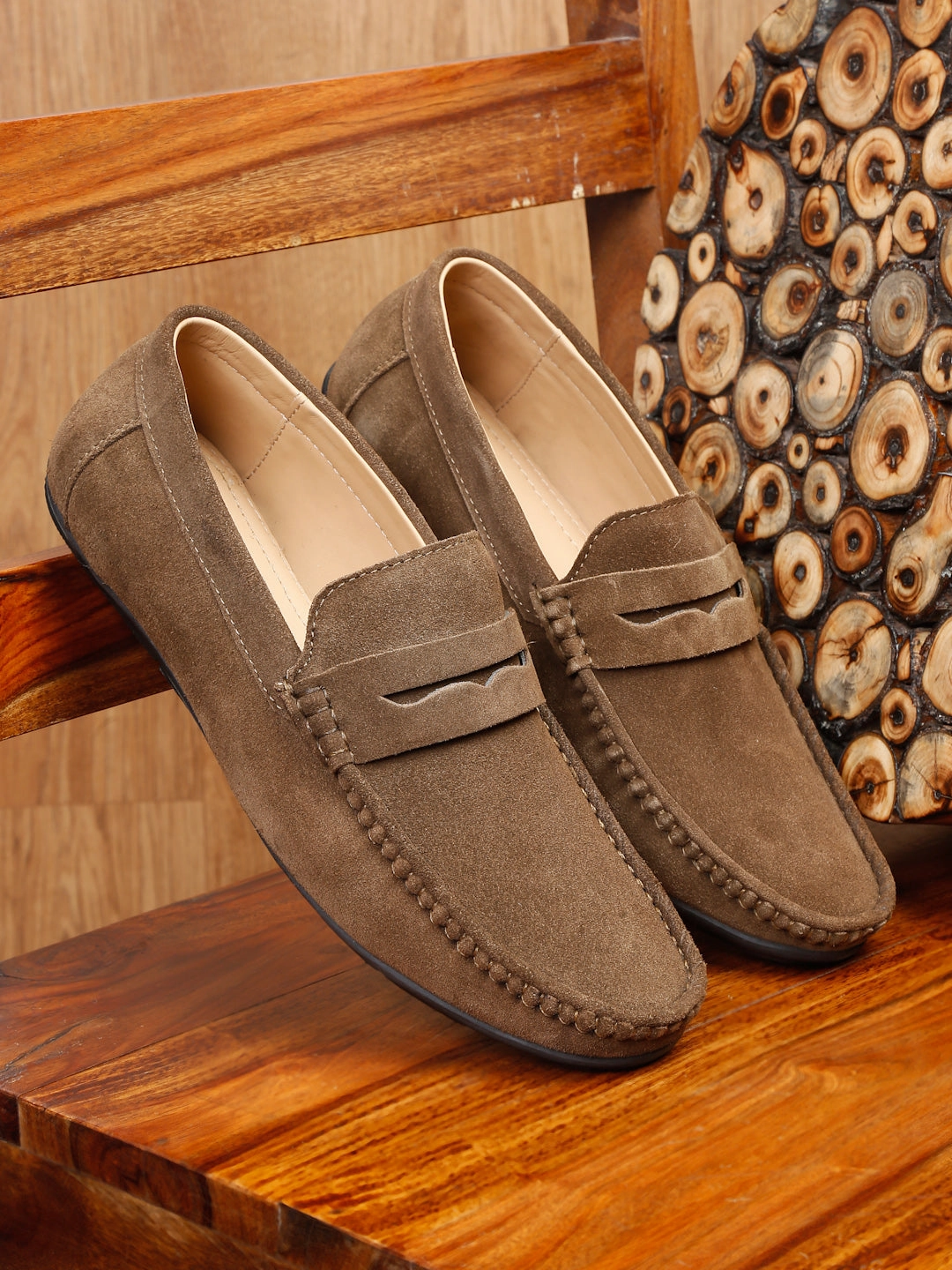 Shoes Seating Casual Simple Calm Teakwood Leather Men Solid Round-Toe Olive Loafer