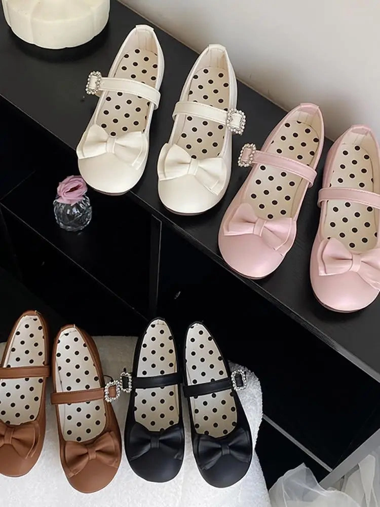 binfenxie  -  Kawaii Cute Girl Lolita Shoes Japanese Women Shoes Bowknot Round-toe Loli Shoes Jk Girls Flat Tea Party Sweet Shoe Convertible Heels To Flats Shoes