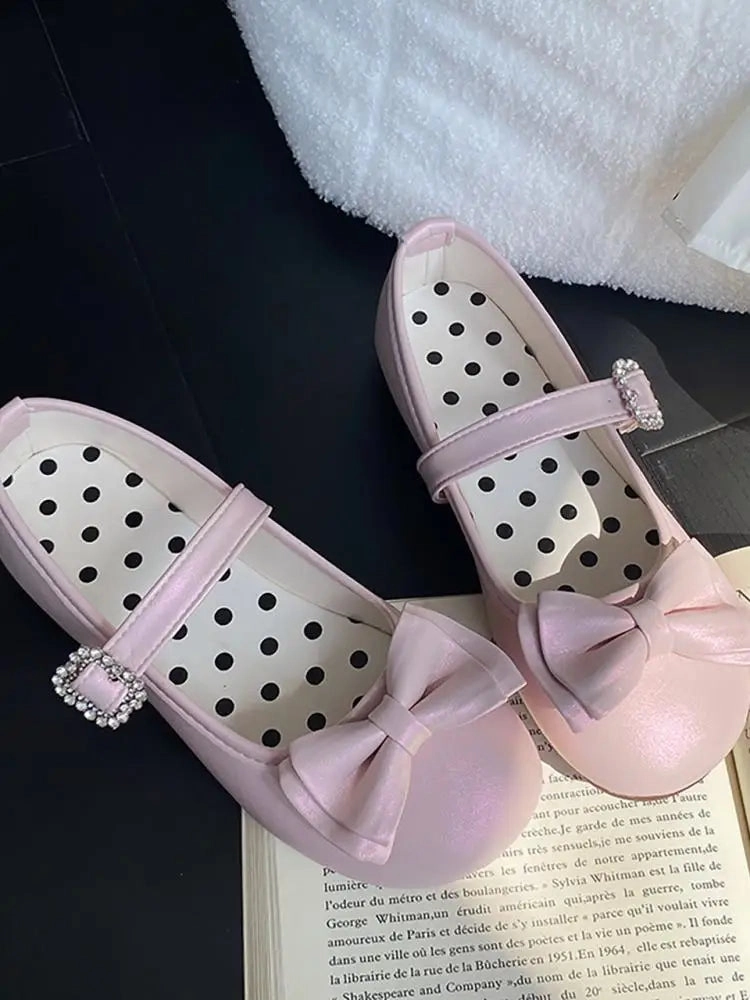 binfenxie  -  Kawaii Cute Girl Lolita Shoes Japanese Women Shoes Bowknot Round-toe Loli Shoes Jk Girls Flat Tea Party Sweet Shoe Crochet Flat Shoe