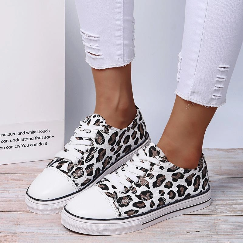 Women leopard print front lace canvas shoes Somiliss Sneakers