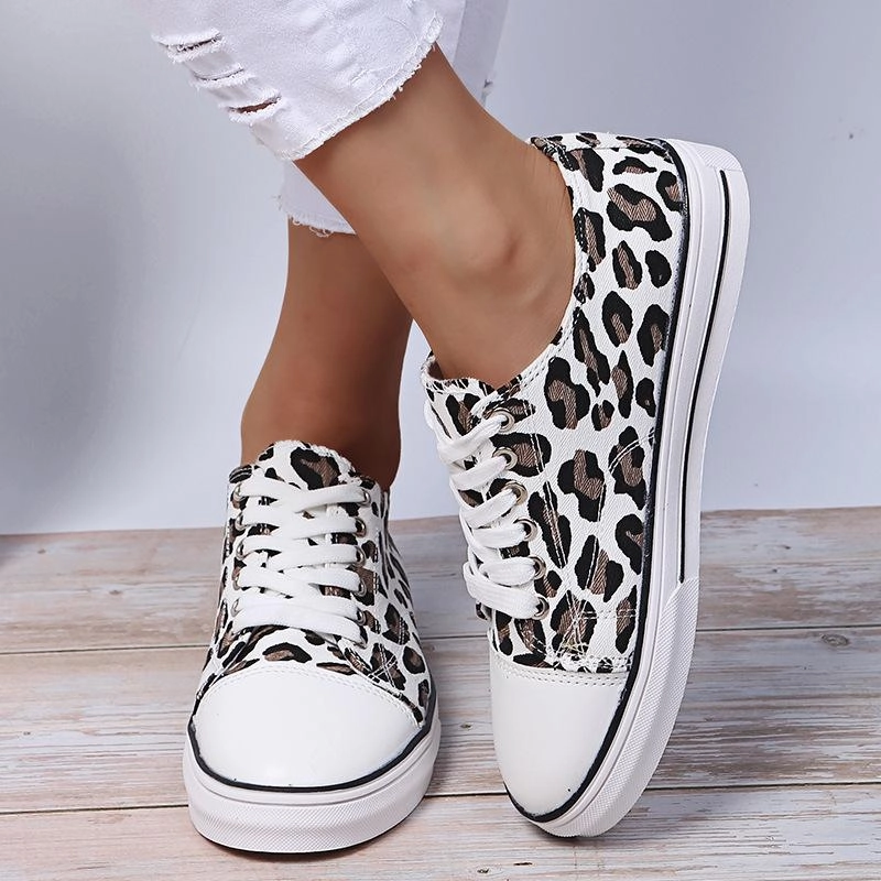 Temu Sneakers Women leopard print front lace canvas shoes