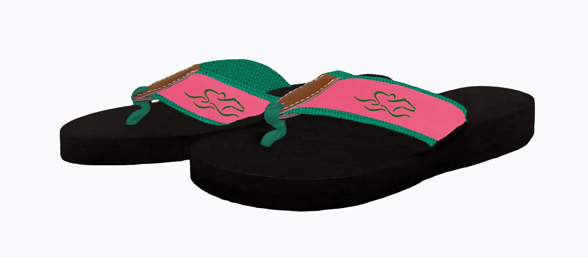 Womens Signature Horse Racing Flip Flops - Pink & Green Flip Flops New York