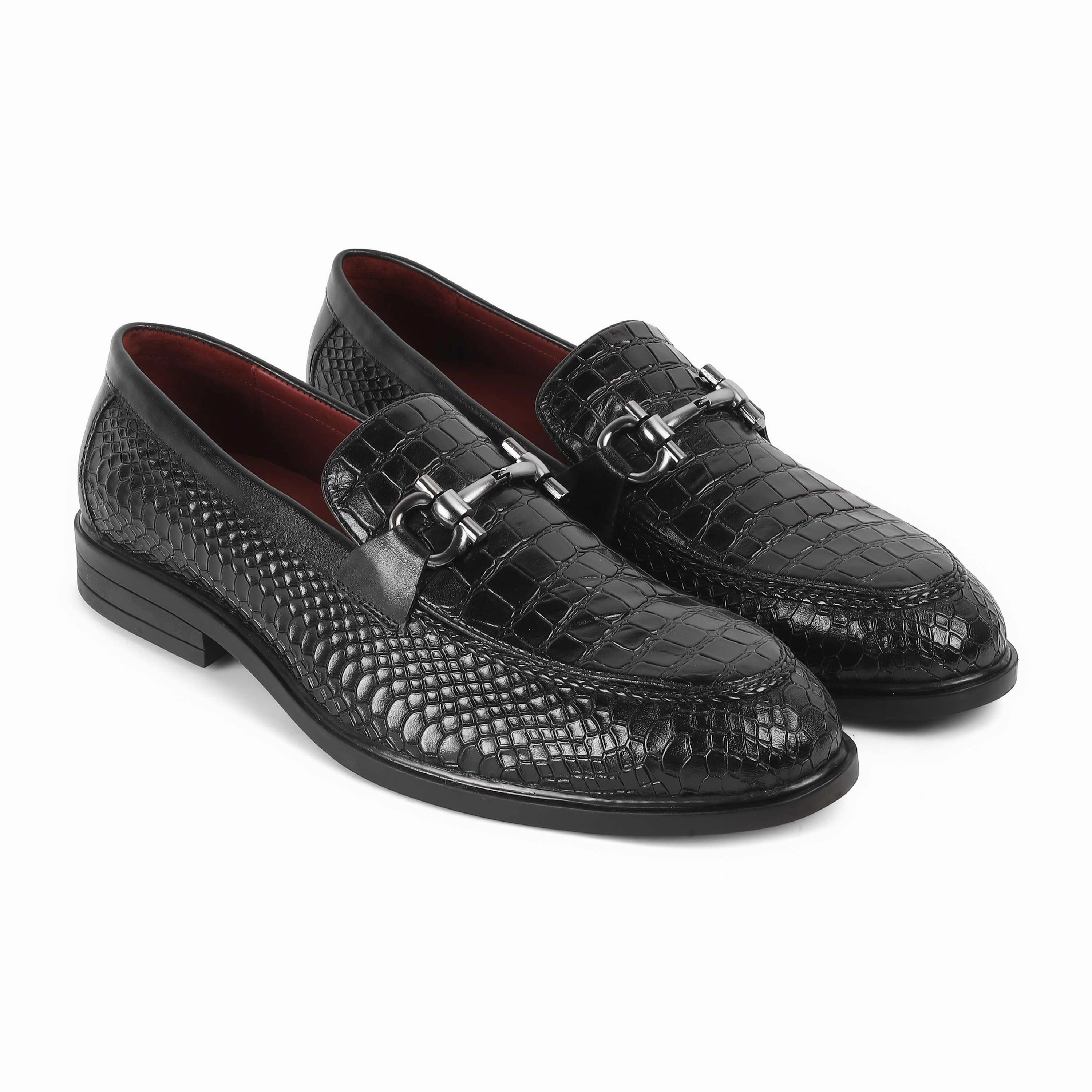 Tresmode Ro Black Men's Textured Leather Loafers Barefoot Penny Loafers