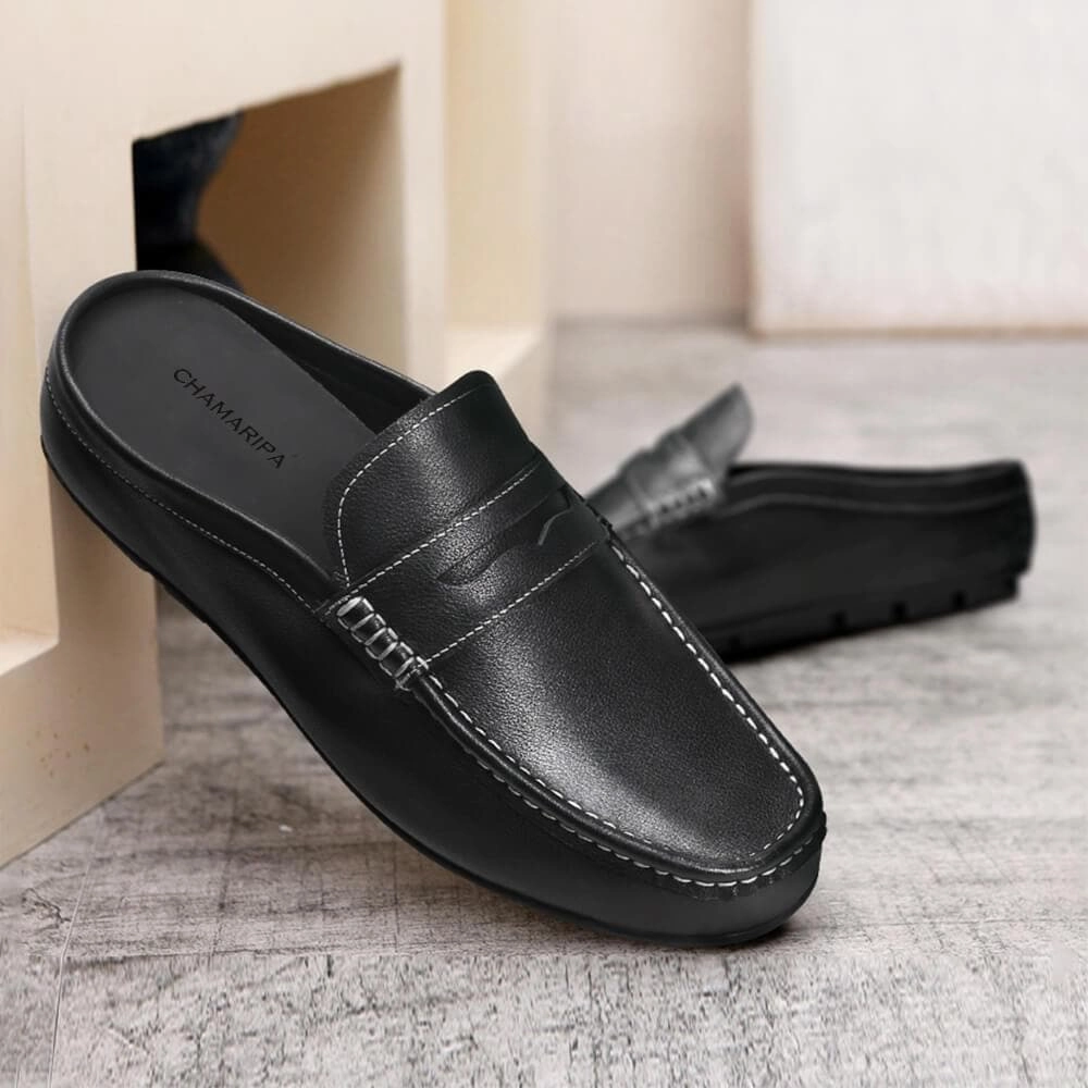 5 CM / 1.95 Inches Taller - CMR CHAMARIPA Height Increasing Loafers Shoes Black Leather Dress Slipper Elevator Moccasins Driving Shoes Cheap Designer Slides